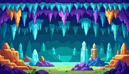 Pixel art game background, underground cave with stalactites and stalagmites. Vector