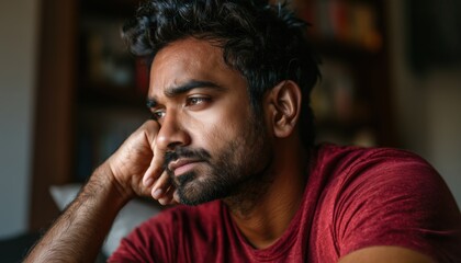 Fototapeta premium Depressed Indian Man Contemplates Life Struggles, Suffers From Unrequited Love, And Faces Difficult Situations At Home. Breakup And Burnout Theme.