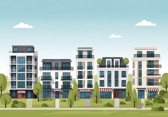Vector illustration showcasing a modern European apartment building facade