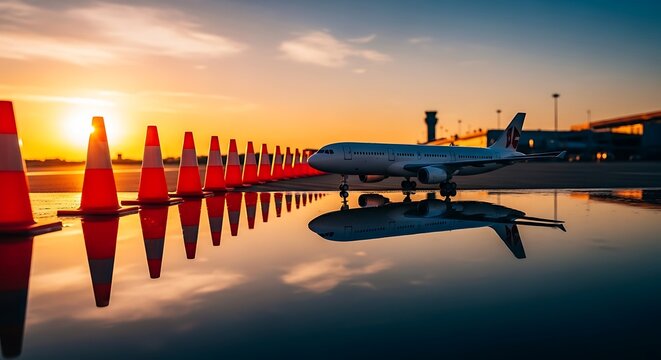 Reflection of airplane on airport runway at sunset, transportation concept