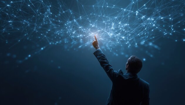 Analyzing Digital Network Of Data Points: A Businessman Embracing Networking, Connection, And Information Technology In The Realm Of Business And Futurism