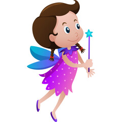 Young Girl Character Illustration With Fairy Wings And Magic Wand In Purple Dress And Pink Shoes Flying With A Smile And Braids