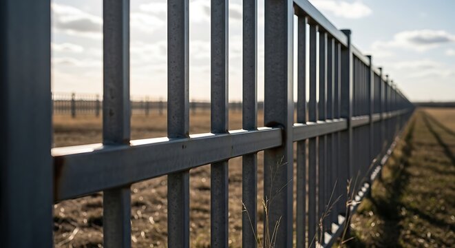 Metal perimeter fence extends into horizon dividing rural landscape under a diffused sky