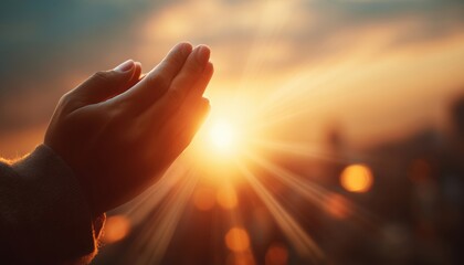 Christian Faith: Hands Of Spiritual Prayer In The Radiant Glow Of A Beautiful Sun With A Blurred Background