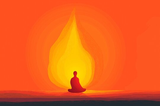 Luminous Orange Flame of Enlightenment: Silhouette Meditation for Inner Peace and Spiritual Awakening in Tranquil Serenity