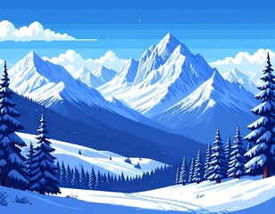 Snowy mountains, fir trees and a starry sky. Pixel art game location. 8 bit retro