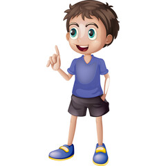 Young Boy Wearing Blue T Shirt and Black Shorts Standing with One Finger Pointed Upward Against a Transparent Background