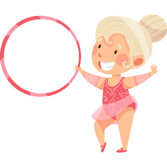 Young Girl in Pink Leotard and Tutu Happily Holding a Hula Hoop Ready for Gymnastics Performance in a Studio with Soft Lighting