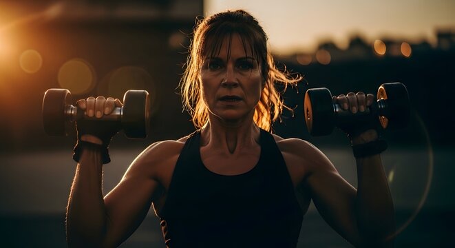 Determined Woman Exercising with Dumbbells Outdoors at Sunset Fitness and Strength Training Concept