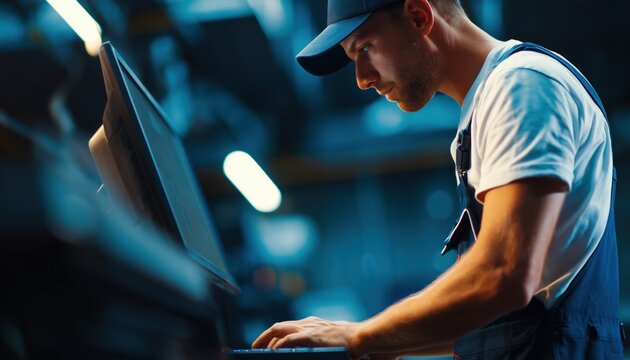 Auto Mechanic Working In Garage With Computer Terminal Nearby Offering High-Quality Repair Service For Cars And Vehicles. Stand By For Assistance.