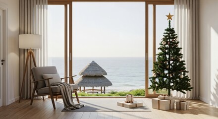 Fototapeta premium Cozy Christmas Living Room with Tree and Ocean View, Relaxing Beach House Decor for the Holidays