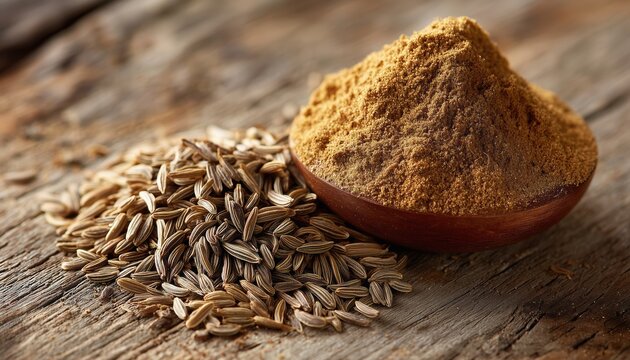 Closeup Of Caraway Powder And Dry Seeds Displayed On A Wooden Table, Showcasing The Persian Cumin In Detail. Rich Textures And Colors.