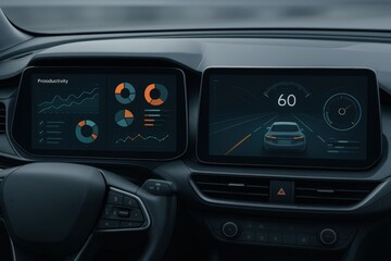 Modern automotive dashboard with advanced analytics interface showcasing productivity metrics, real time speed monitoring, and dynamic visualizations enhancing driver experience and efficiency