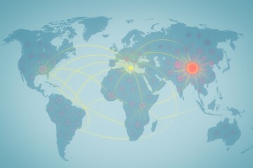 Global connectivity illustrated with interlinked nodes on a digital map showcasing international trade patterns and communication networks emphasizing cooperation and innovation