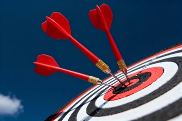 Closeup red dart arrow hitting bullseye target center on dark blue background, business strategy success concept with accuracy, achievement, competition, score, marketing goal precision