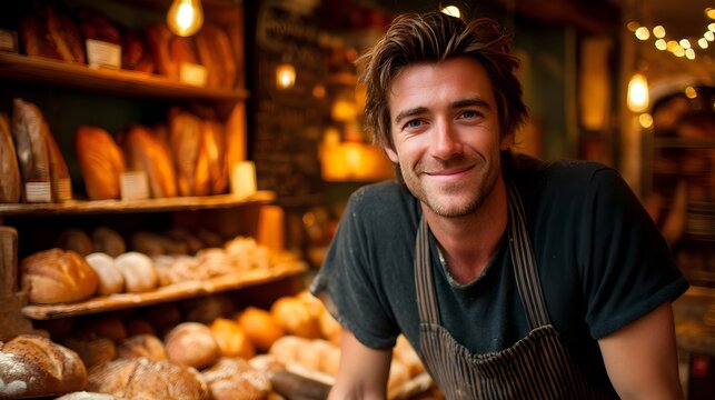 Smiling male baker proudly displays fresh artisan bread in cozy, warmly lit bakery shop.