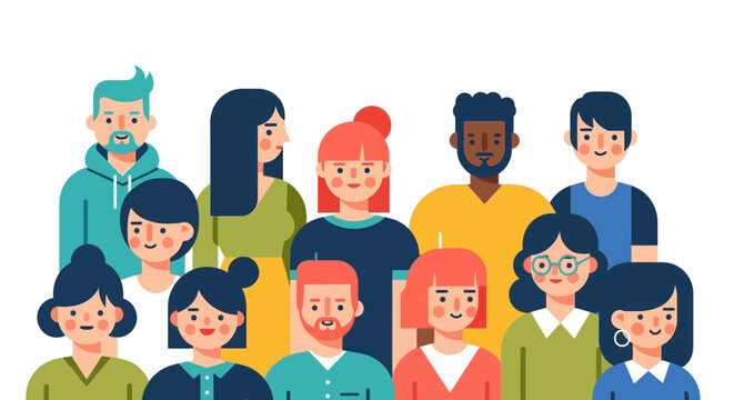 Diverse group of people smiling together in a colorful illustration, celebrating unity