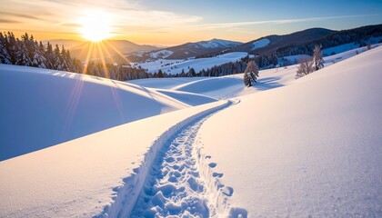 A serene winter landscape photo featuring snowy hills and a winding abstract pathway.