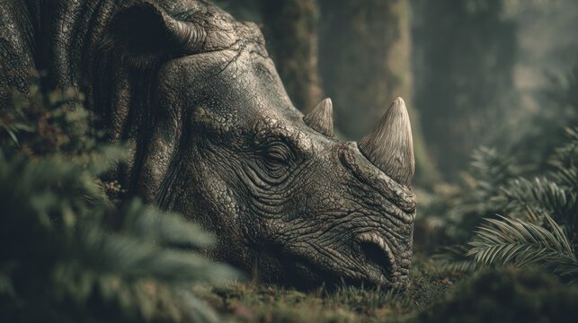 Serene rhinoceros portrait resting peacefully amidst lush, natural foliage - Powered by Adobe