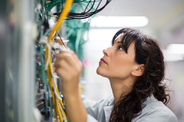 Focused IT technician maintaining server cables in a high-tech data center for optimal network performance and business continuity ensuring seamless operations