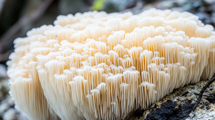 Close-up of Lion’s Mane mushroom showing intricate spiny texture and delicate natural fibers highlighting its unique organic structure, ideal for food, health, or botanical imagery