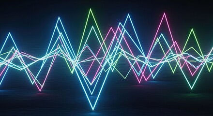 Modern glowing neon waveform, abstract data visualization for tech presentations or vibrant backgrounds, featuring dynamic, colorful, and futuristic design elements
