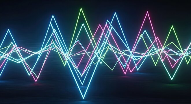Modern glowing neon waveform, abstract data visualization for tech presentations or vibrant backgrounds, featuring dynamic, colorful, and futuristic design elements