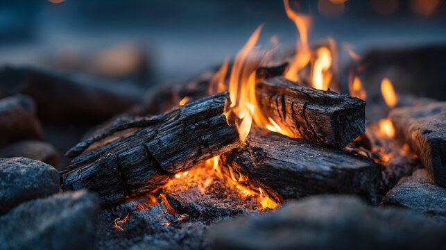 Close‑up of a campfire with glowing orange and yellow flames dancing among charred logs casting warm flickering light and soft glow embodying nature warmth and cozy night outdoors vibe - Powered by Adobe