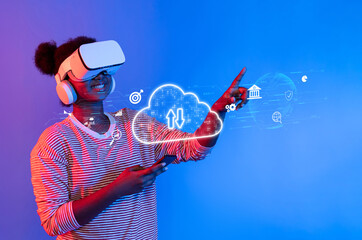 A young woman explores virtual reality, interacting with a cloud computing interface. The image highlights technology, innovation, and user engagement in a digital environment. XDMCP