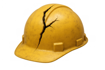 Yellow hard hat showing a long crack, symbolizing workplace accident, safety failure, and danger, with a transparent background