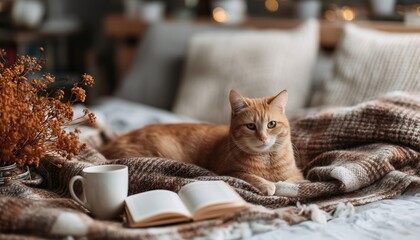 Cozy Autumn Scene Featuring Ginger Cat, Soft Plaid, Coffee, And Book. Creating A Warm Atmosphere For Home And Hygge. Ample Space For Customization.