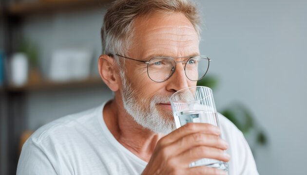 Mature Man Ensures Hydration By Sipping Natural Water At Home For Improved Health And Weight Loss. Leading A Healthy Lifestyle. - Powered by Adobe