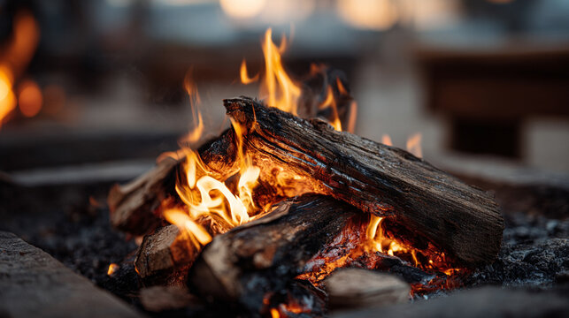 Close‑up of a campfire with glowing orange and yellow flames dancing among charred logs casting warm flickering light and soft glow embodying nature warmth and cozy night outdoors vibe