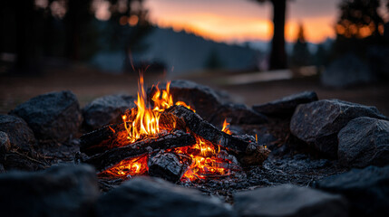 Close‑up of a campfire with glowing orange and yellow flames dancing among charred logs casting warm flickering light and soft glow embodying nature warmth and cozy night outdoors vibe