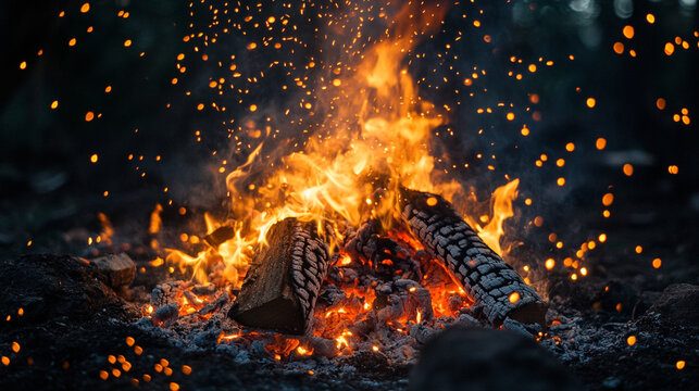 Close‑up of a campfire with glowing orange and yellow flames dancing among charred logs casting warm flickering light and soft glow embodying nature warmth and cozy night outdoors vibe