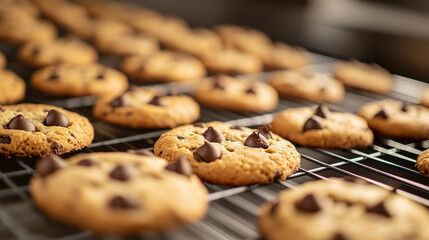 Close‑up of baked biscuits fresh out of oven in food‑industry setting showing golden baked texture and slight crispiness ideal for bakery production, food packaging or commercial snack imagery