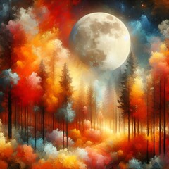 Fototapeta premium Serene Dream-like Abstract Autumn Fantasy Painting Landscape with Warm Orange Red Yellow Colors on Cool Teal Blue Background with Large Full Moon in Sky Between Silhouetted Towering Forest Pine Trees