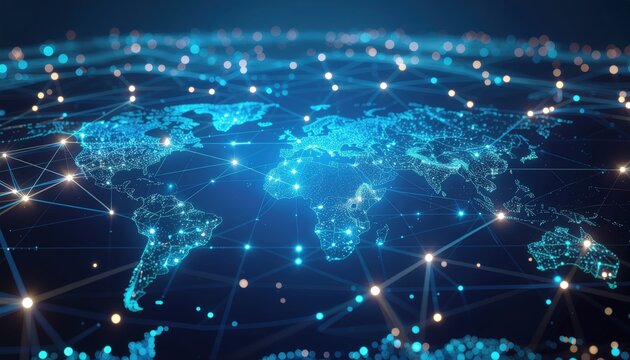 Global digital communication network concept illustrates data connection across the Earth using fiber technology and light - Powered by Adobe