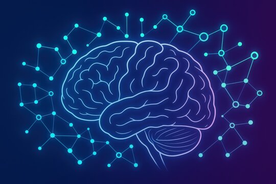 Brain as a digital neural network illustrating cognitive functions emerging within a vibrant space representing knowledge and innovative technology for advancing intelligence and creativity