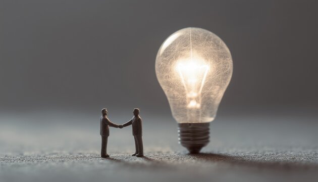 Innovative Concept: Double Exposure Featuring A Holographic Light Bulb And A Handshake Between Two Men, Symbolizing A Creative Idea. - Powered by Adobe