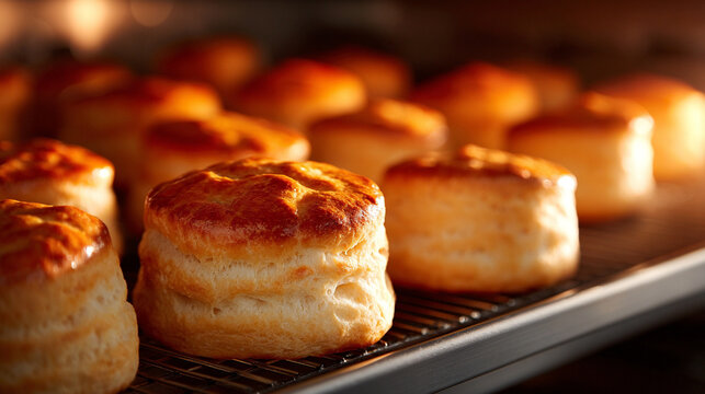 Close‑up of baked biscuits fresh out of oven in food‑industry setting showing golden baked texture and slight crispiness ideal for bakery production, food packaging or commercial snack imagery