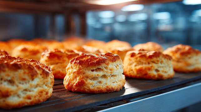 Close‑up of baked biscuits fresh out of oven in food‑industry setting showing golden baked texture and slight crispiness ideal for bakery production, food packaging or commercial snack imagery