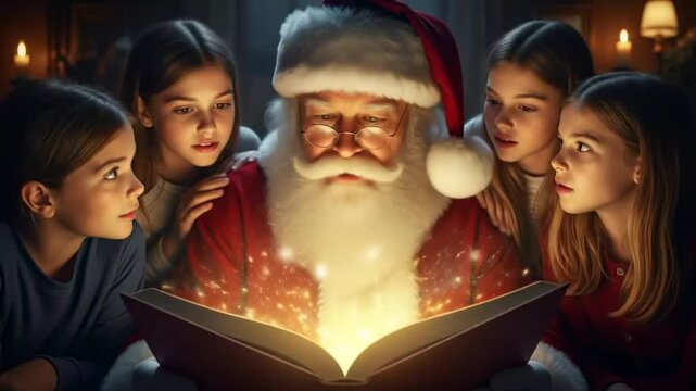 Santa Claus reading a magical glowing storybook to a group of amazed children on Christmas Eve night