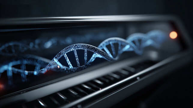 Close-up of a DNA sequencing machine highlighting intricate components and glowing indicators, emphasizing biotechnology innovation, genetics research, and cutting-edge laboratory technology - Powered by Adobe