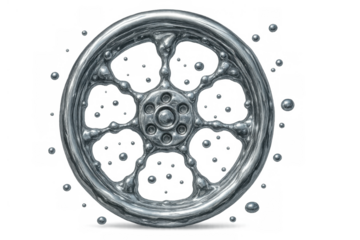 Melting chrome wheel transforming into liquid metal droplets, representing fluid change and futuristic design, transparent background