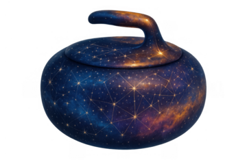 Curling stone transforming into cosmos, representing universal connections and cosmic sports, clean background