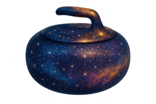 Curling stone transforming into cosmos, representing universal connections and cosmic sports, clean background