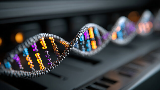 Close-up of a DNA sequencing machine highlighting intricate components and glowing indicators, emphasizing biotechnology innovation, genetics research, and cutting-edge laboratory technology
