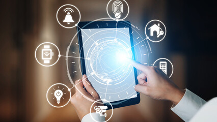 Home security icons show smart home, surveillance, and safety devices. Home security ensures...