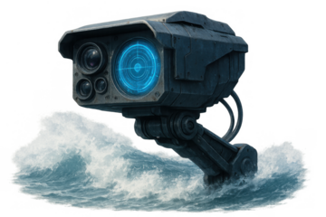 Futuristic surveillance system scanning ocean surface, advanced marine technology monitoring water waves, science fiction concept